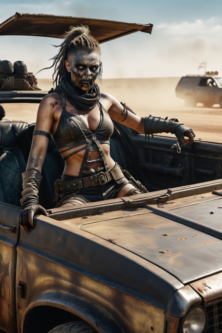 hiper realista, render 2d, 8k, full body demon zombie womans in pose of raiding sit in  one car ,mad max style , all in  nacar, black,  more detail XL,more detail XL, cards apocaliptics in the backgruond 