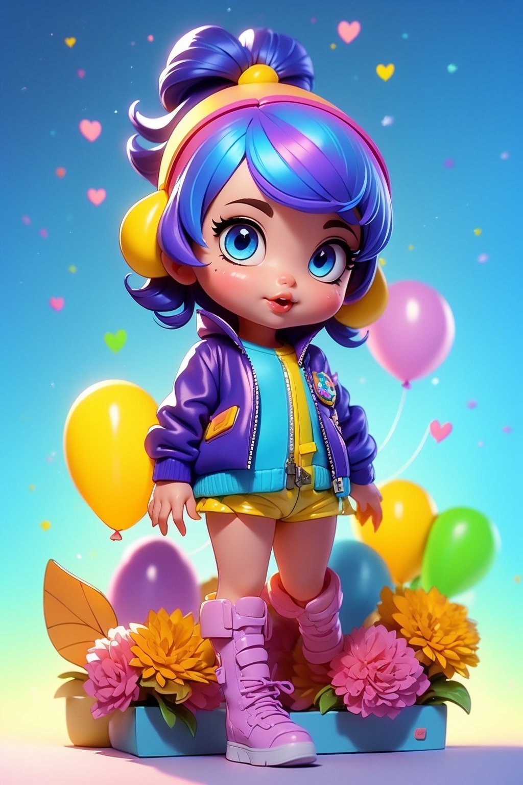 masterpiece, best quality,1 girl, pretty and cute, (terracote color Highlight Hair,colorful hair:1.4), wearing blue and purple sunglasses, rainbow jacket with wings , white sweater, many colored balloons, doll face, ponytail braid, perfect blue detail eyes, delicate face, perfect cg, HD quality,, sky ,violet boots, Blythe doll style 
