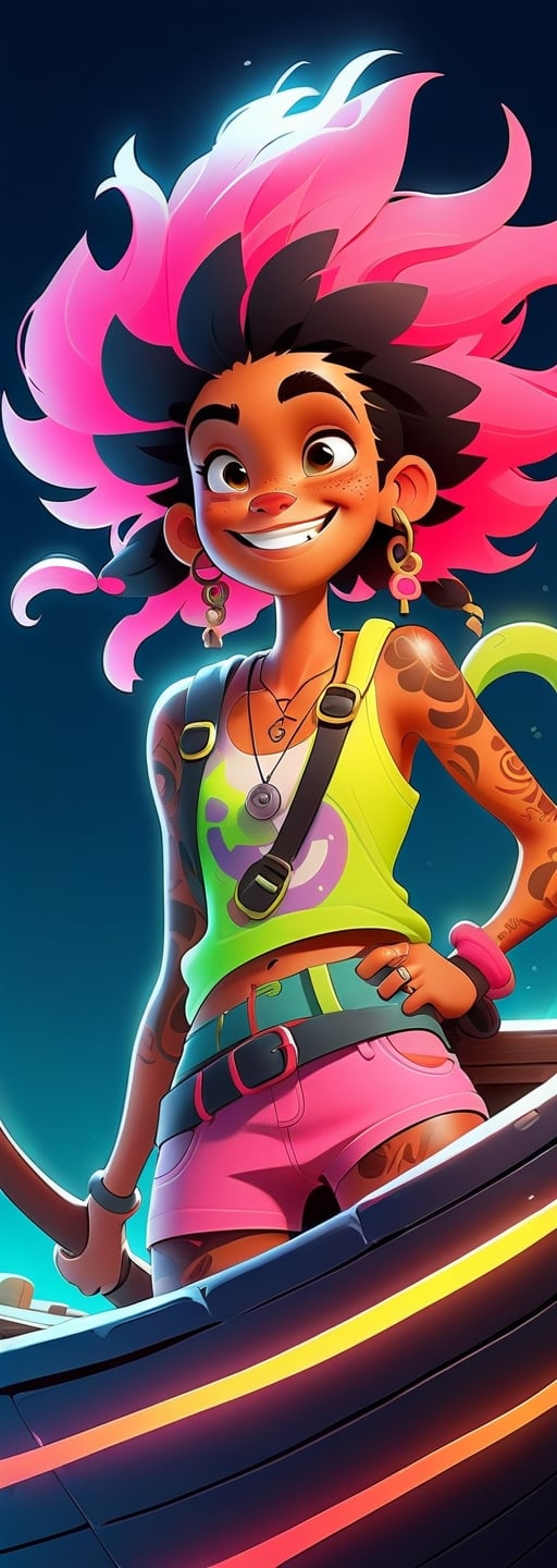 (by Loish, ) perfect anatomy, a beautiful pirate girl ,  all in neon ,  freckles:1.2), smiling, fun, playful, extremely detailed, More Detail XL, pirate in barco