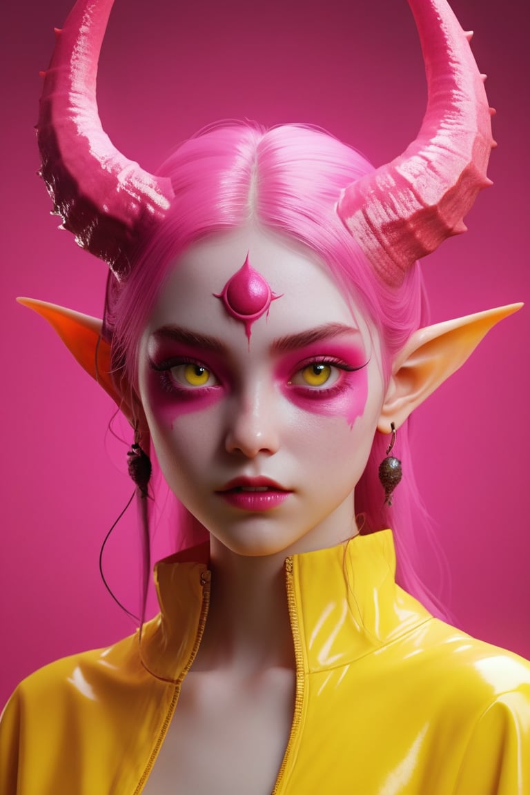 fotografia hiper realista, render 2d, 8k, gemelas albinas models demons, all inYellow and pink