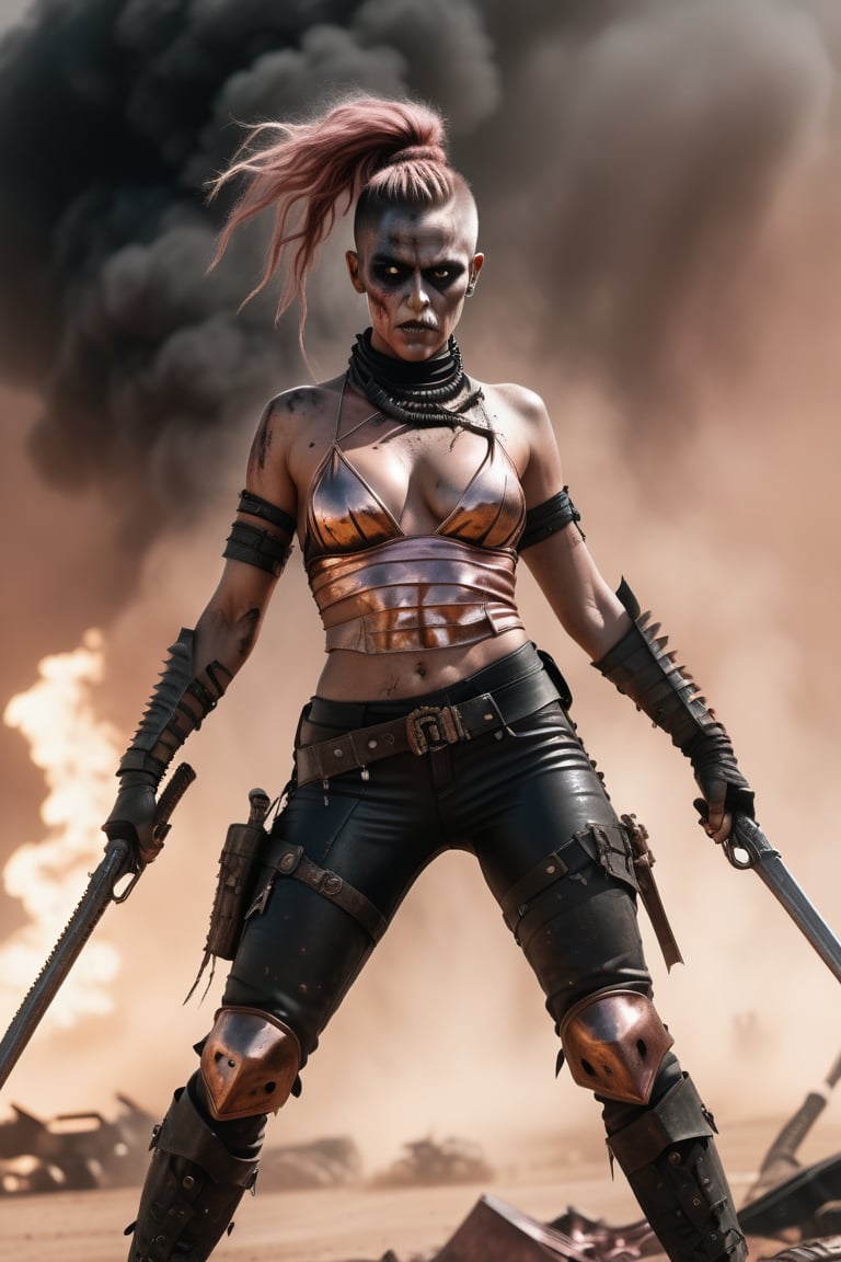 hiper realista, render 2d, 8k, full body demon zombie womans in pose of battle  ,mad max style , all in rose gold ,  nacar, black,  more detail XL,more detail XL, cards apocaliptics in the backgruond 