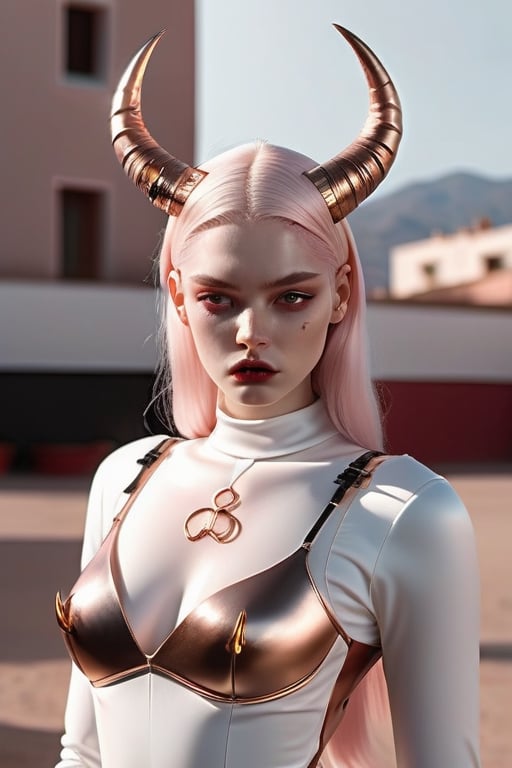 Prompt: fotografia hiper realista, render2d, 8k, unsetting,full body  sexy MODEL DEMON  whit horns 
 , all in rose gold , nacar , black, hair shine onix , pale skin , albino woman ,  view back 
Automatic,Denoising strength: 0.65,Clip skip: 2,Model: extraRealistic-xl.fp16,LoRA: detail_master_XL