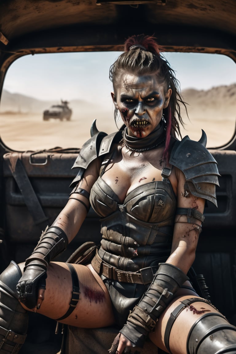 hiper realista, render 2d, 8k, full body demon zombie womans in pose of raiding sit in  one car whit armor and weapon ,mad max style ,more detail XL,more detail XL, cars apocaliptics in the backgruond 