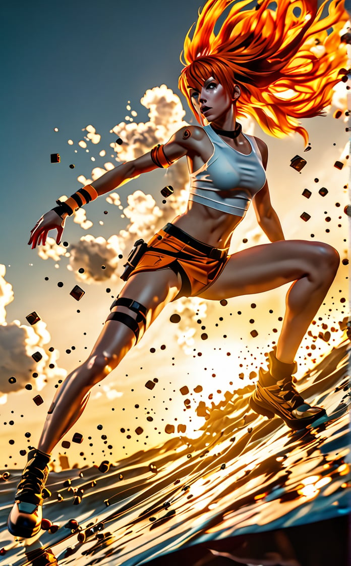 Leeloo character, movie action pose sense of beauty and a wonder, sunset, 8k UHD, alberto seveso style,EpicSky,arcane, wide_hips, amber glow,