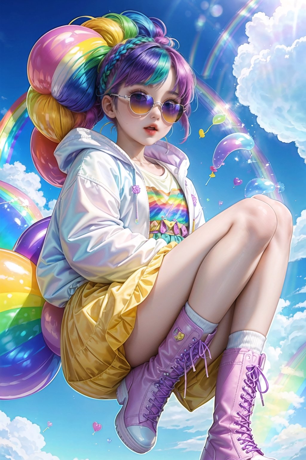 masterpiece, best quality,1 girl, pretty and cute, (rainbow color Highlight Hair,colorful hair:1.4), wearing blue and purple sunglasses, yellow jacket with white pattern, white sweater, many colored balloons, doll face, ponytail braid, perfect detail eyes, delicate face, perfect cg, HD quality, colored balloons, sky ,black boots, Blythe doll style 