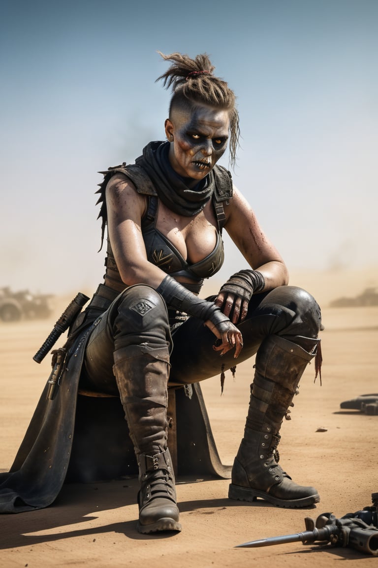 hiper realista, render 2d, 8k, full body demon zombie womans in pose of battle sit in upe4 one card ,mad max style , all in  nacar, black,  more detail XL,more detail XL, cards apocaliptics in the backgruond 