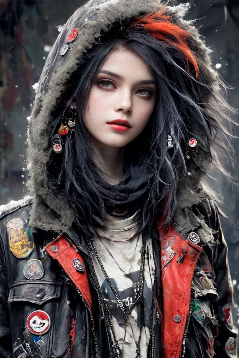 A punk rock version of Snow White, dressed in a rebellious fusion of avant-garde fashions.
(standing: 1.2), red cape with hood and ripped mesh details, adorned with punk-inspired patches and brooches. Septum earrings, more calls, tattered dreadlocks, more patches, dirty, torn, anti-union spiked leather jackets, hardcore punk style jackets, punk badges, combat boots tied to legs, Rebellin, Dal, Emo orange, ct- niji2,dal