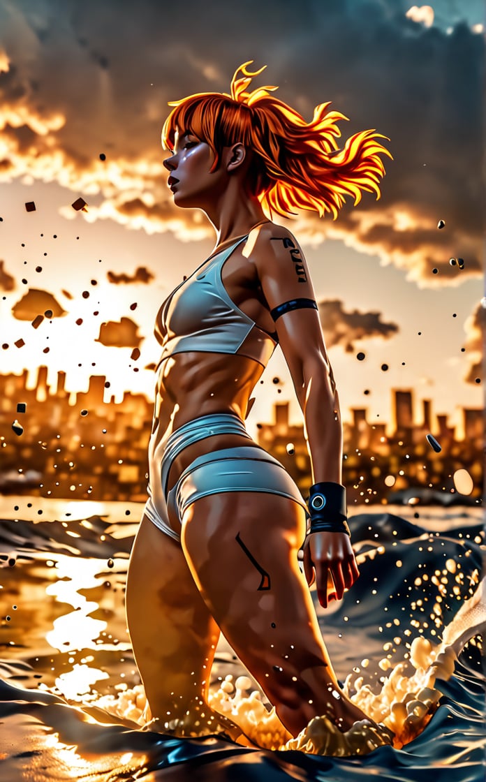 Leeloo character, movie action pose sense of beauty and a wonder, sunset, 8k UHD, alberto seveso style,EpicSky,arcane, wide_hips, amber glow,