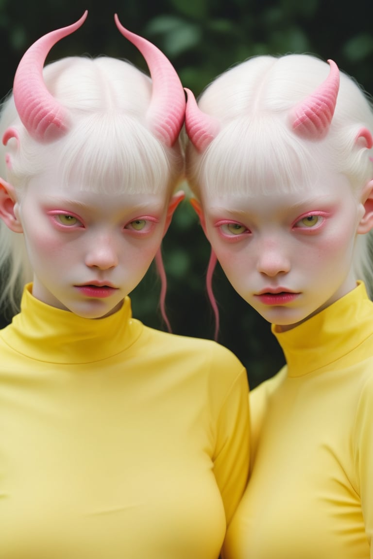 hyper realistic photography, 2d render, 8k, full body albino twins models demons, all inYellow and pink