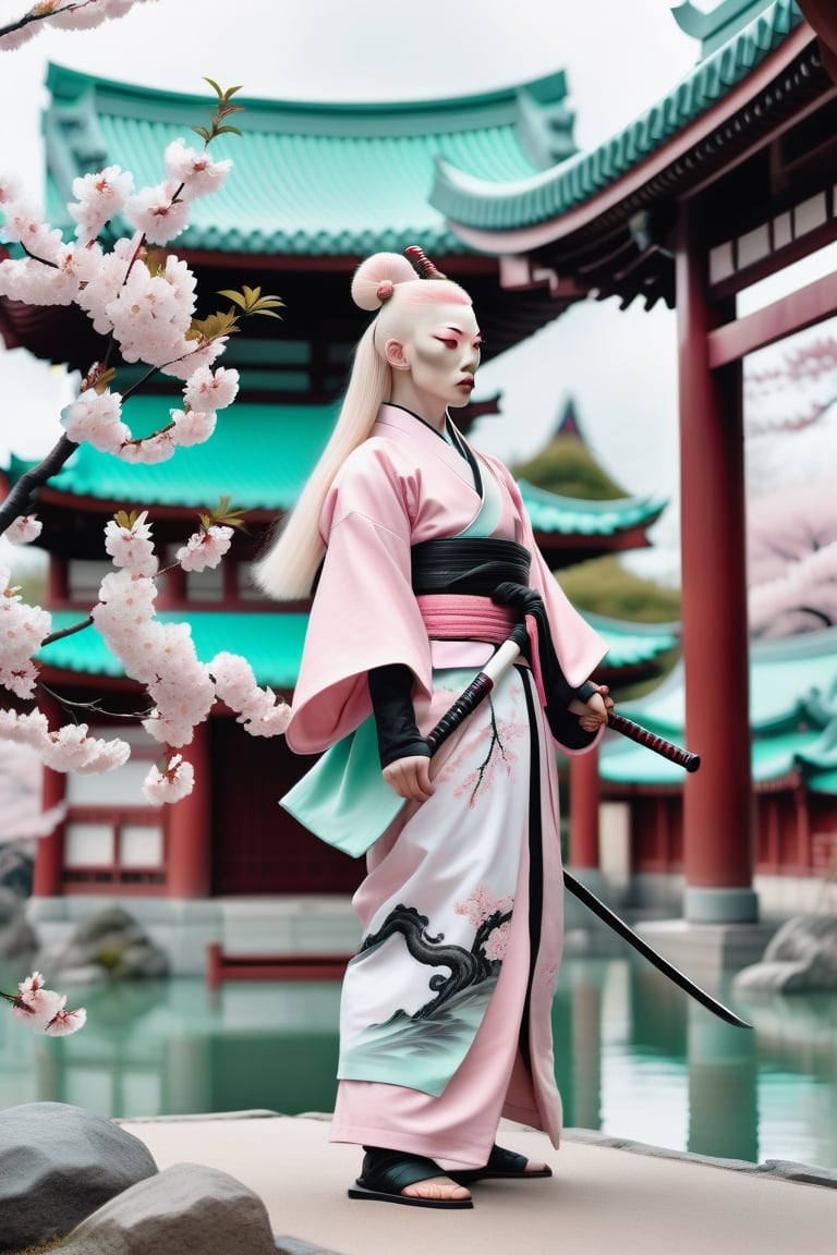 fotografia hiper realista, unsetting , 8k,fotografia hiperrealista , 8k, fullbody wiev 1woman oriental albino samurai sakura blosson , , all in pink and mint , dalí style ,background temple samurai in mint ,white, and black
