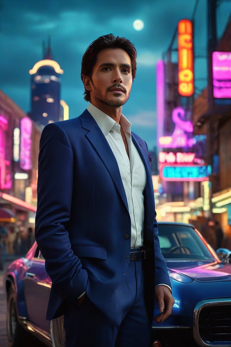 (ultra-realistic, best quality full body shot),photorealistic, Extremely Realistic neon city, in-depth, cinematic light, bad guy, gangster, half cyborg man, cyberpunk, look young al Pacino, dark blue suit, white velvet shirt, strength-focused athlete build, with short brown hair, facing the camera,
 
desert-City_sky,1 man, full moon, scenery, desert city, pink-purple-blue sky, star,

intricate background, realism, realistic, raw,analog, portrait,photorealistic, Tech,frank grillo