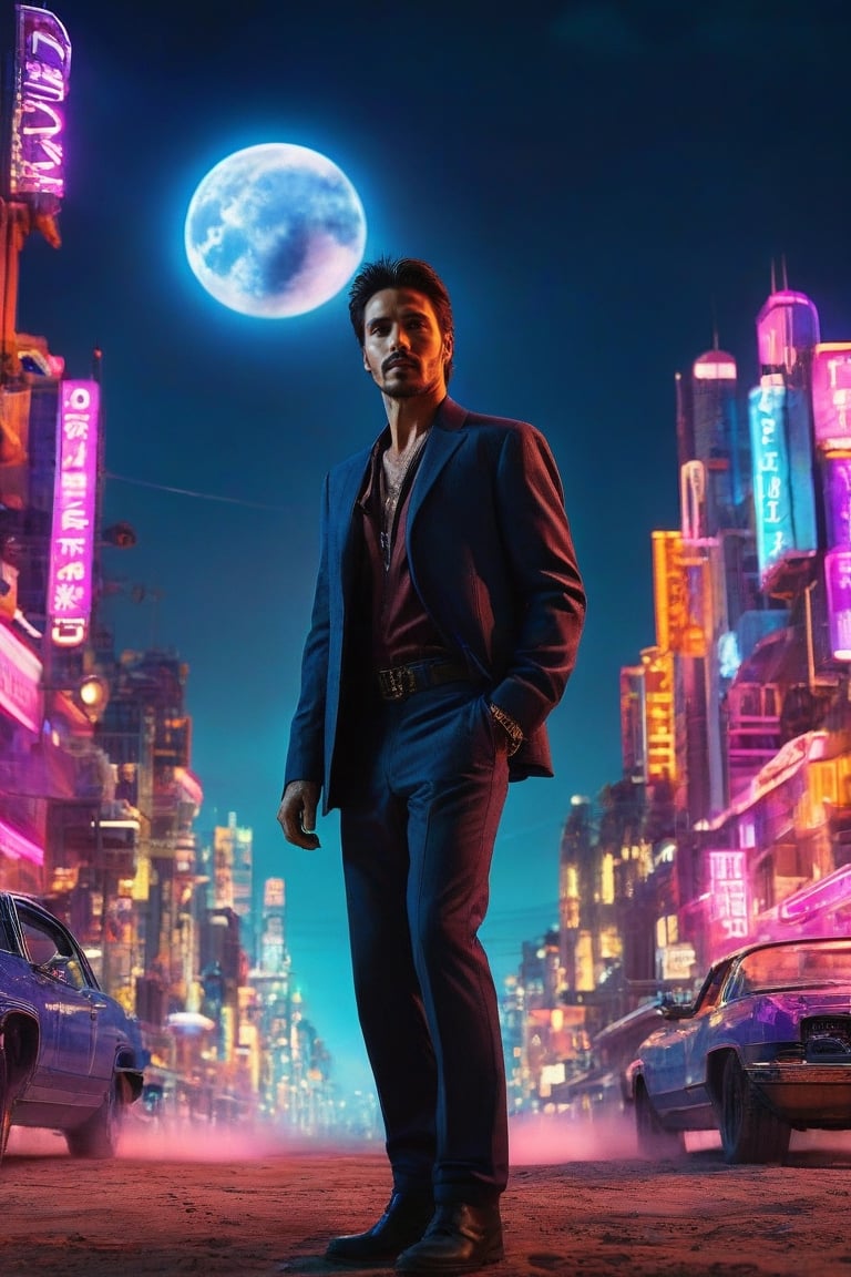 (ultra-realistic, best quality full body shot),photorealistic, Extremely Realistic neon city, in-depth, cinematic light, bad guy, gangster, half cyborg man, cyberpunk, look young al Pacino, strength-focused athlete build, with short brown hair, facing the camera,
 
desert-City_sky,1 man, full moon, scenery, desert city, pink-purple-blue sky, star,

intricate background, realism, realistic, raw,analog, portrait,photorealistic, Tech,frank grillo