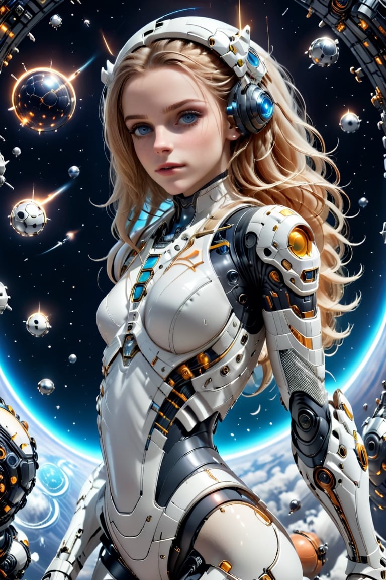 the white woman is floating in space in a space suit, behind her planet Earth is in view, the African continent, stars in view in space around her, cyborg-style, cyborg-style, cyborg-style,mecha\(hubggirl)\,3D Render Style