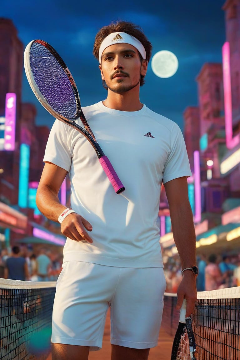 (ultra-realistic, best quality full body shot),photorealistic, Extremely Realistic neon city, in-depth, cinematic light,, 
 a man gangster, cyberpunk, a young looking al Pacino, white Adidas tennis shirt and white Nike shorts, a white Nike tennis headband  strength-focused athlete build, with short brown hair, facing the camera, playing tennis pose on the tennis court,holding a full-size tennis racket, 
 
desert-City_sky,1 man, full moon, scenery, desert city, pink-purple-blue sky, star,

intricate background, realism, realistic, raw, analog, portrait, photorealistic, Tech, frank Grillo