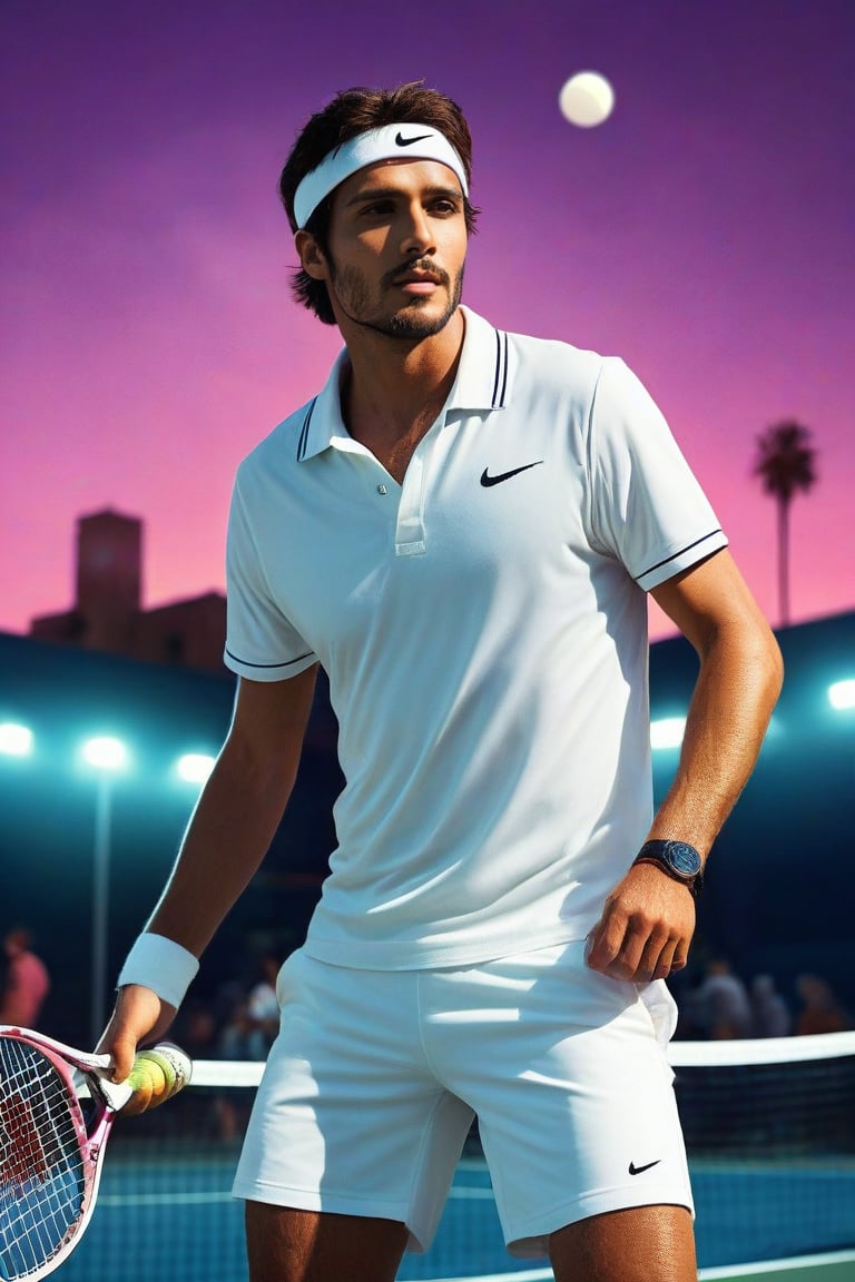 (ultra-realistic, best quality full body shot),photorealistic, Extremely Realistic neon city, in-depth, cinematic light,, gangster, cyberpunk, a man young looking al Pacino, white tennis shirt and white shorts, white Nike tennis headband  strength-focused athlete build, with short brown hair, facing the camera, playing tennis pose on the tennis court,holding a full size tennis racket, 
 
desert-City_sky,1 man, full moon, scenery, desert city, pink-purple-blue sky, star,

intricate background, realism, realistic, raw,analog, portrait,photorealistic, Tech,frank grillo