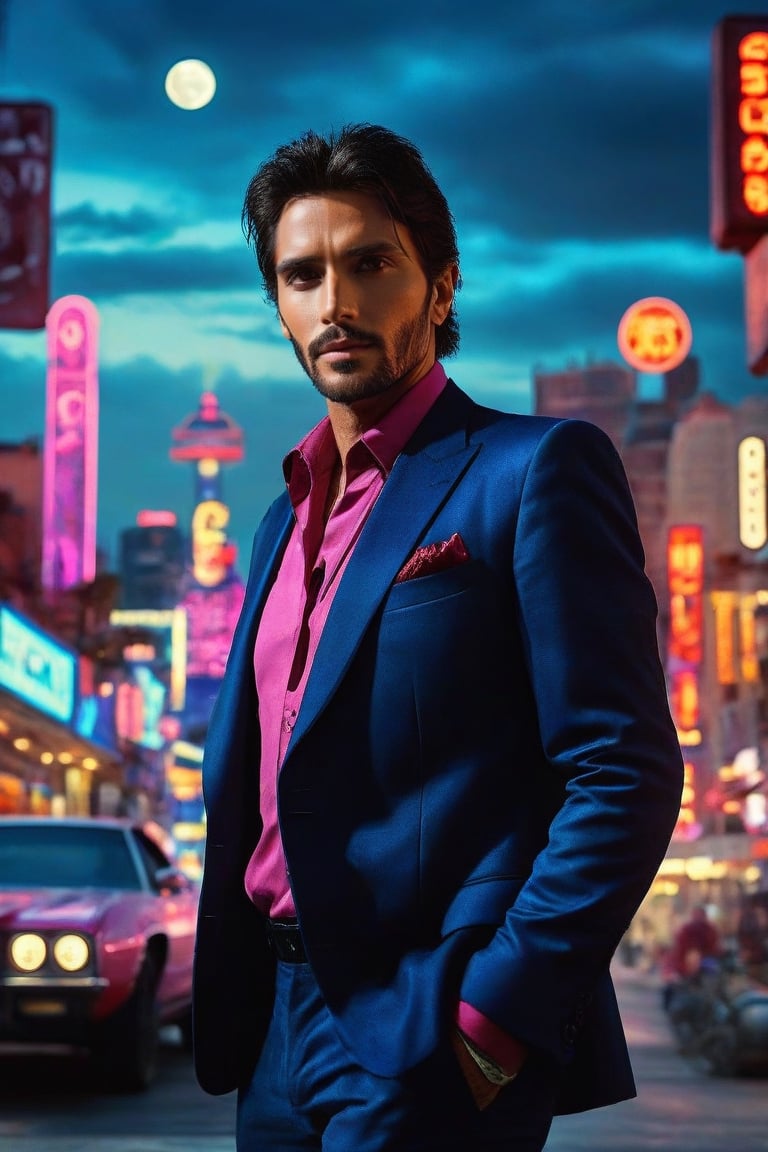 (ultra-realistic, best quality full body shot),photorealistic, Extremely Realistic neon city, in-depth, cinematic light, bad guy, gangster, half cyborg man, cyberpunk, look young al Pacino, dark blue suit, ruby red velvet shirt, strength-focused athlete build, with short brown hair, facing the camera,
 
desert-City_sky,1 man, full moon, scenery, desert city, pink-purple-blue sky, star,

intricate background, realism, realistic, raw,analog, portrait,photorealistic, Tech,frank grillo