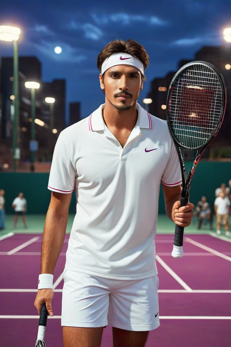 (ultra-realistic, best quality full body shot),photorealistic, Extremely Realistic neon city, in-depth, cinematic light,, 
 a man gangster, cyberpunk, a young looking al Pacino, white tennis shirt and white shorts, white Nike tennis headband  strength-focused athlete build, with short brown hair, facing the camera, playing tennis pose on the tennis court,holding a full-size tennis racket, 
 
desert-City_sky,1 man, full moon, scenery, desert city, pink-purple-blue sky, star,

intricate background, realism, realistic, raw,analog, portrait,photorealistic, Tech,frank grillo