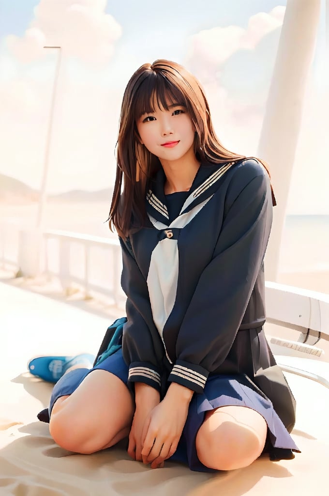 (((masterpiece))), (((best quality))), Best picture quality, high resolution, 8k, realistic, sharp focus, realistic image of elegant lady, asian woman in a sailor suit sitting on a bench, loose coat collar sailor uniform, sailor uniform, portrait of female korean idol, cute korean actress, beautiful anime high school girl, she has black hair with bangs, tzuyu from twice, young pretty gravure idol, jaeyeon nam, korean girl, japanese girl , lee ji-eun
