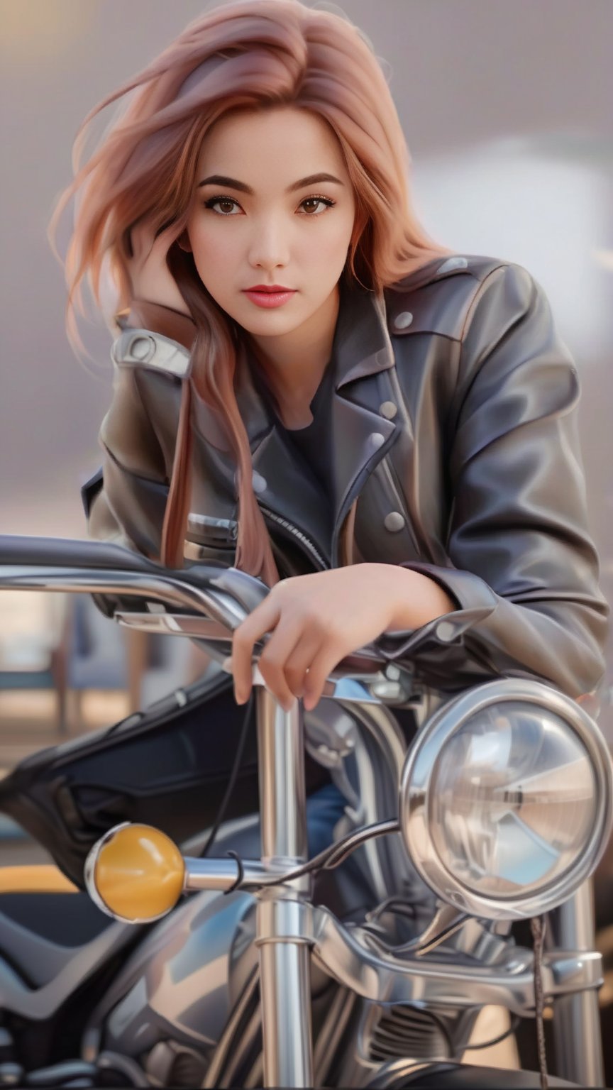 A woman sits confidently astride a gleaming motorcycle, her leather-clad figure framed by the curves of the bike and the blurred background. Soft lighting casts a warm glow on her face, highlighting her determined expression as she gazes straight ahead. The vibrant colors of her jacket pop against the muted tones of the surrounding environment, creating a striking visual contrast. In the style of Guweiz, this photorealistic artwork masterfully blends realistic textures and subtle shading to bring the subject to life.