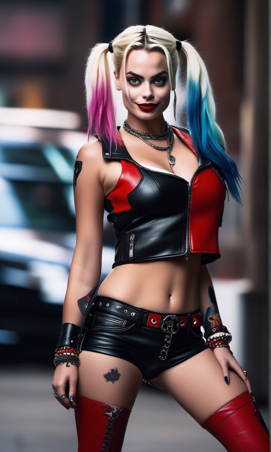 masterpiece, high contrast. 16K resolution, hyper realism, perfect face, detailed eyes, expressive eyes, An edgy 30 years old harley quinn punk-rock very sexy beauty busty with rebelious energy,Margot Robbie, wearing a leather jacket and leather trouser. Her complexion is adorned with piercings, with an exaggerated face expression , wide angle, full face, very long dreadlocks black hair, HQ, 4k, HQ, HQ”, close up portrait photo by Annie Leibovitz, film, studio lighting, detailed skin, ultra realistic, bokeh, sharp features,old style, grundge style