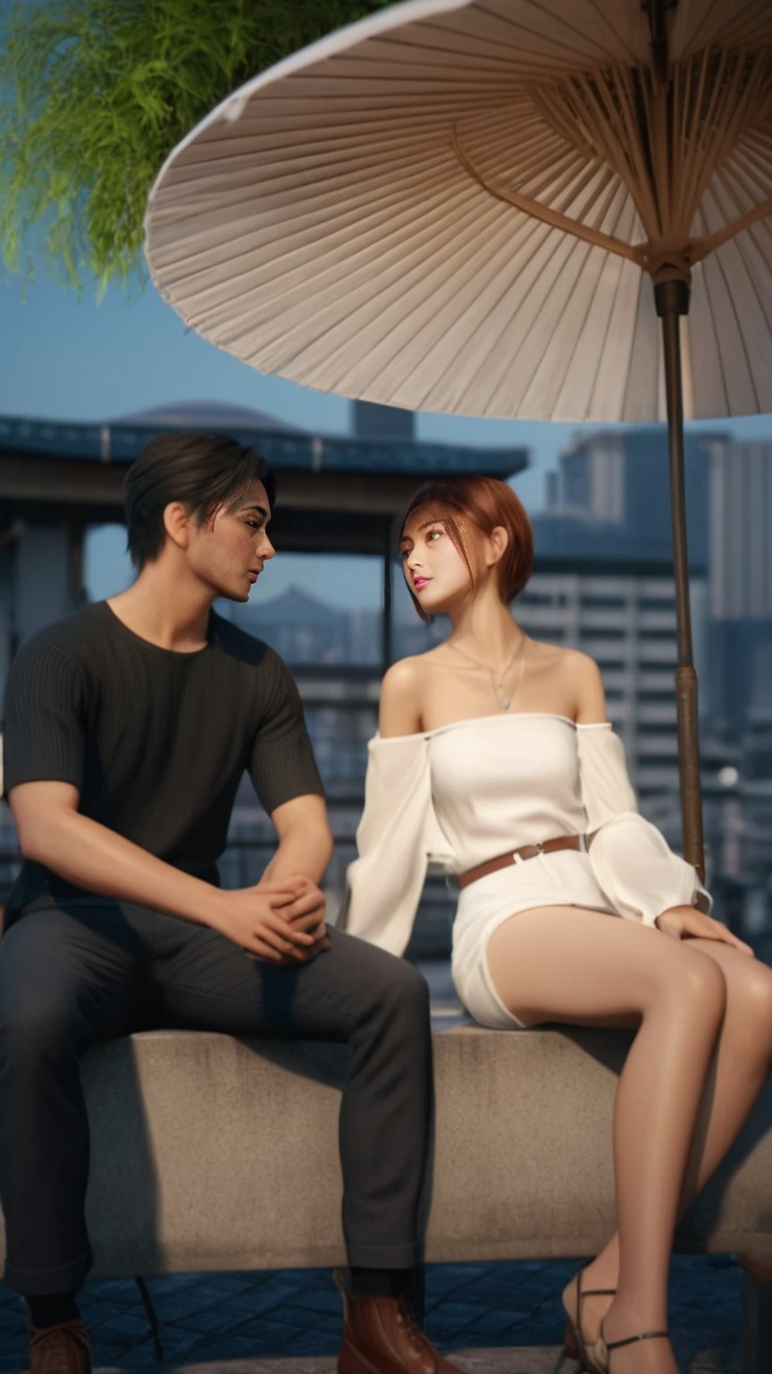 Akihiko Yoshida's rooftop oasis: Two silhouettes entwined under an umbrella's gentle curve, set against Tokyo's urban sprawl. Unreal Engine's realistic afternoon lighting casts a warm glow on the couple's tender pose, as if suspended in time. Soft focus and 8K resolution create a sensual atmosphere, reminiscent of Guweiz's artwork. Trending on CGStation, this cinematic scene embodies Square Enix's style game. A romantic getaway, captured in vivid 3D anime realism.