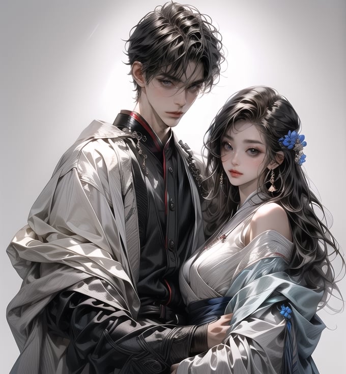 (MALE-FEMALE_COUPLE:1.5)(extreamly delicate and beautiful:1.2), 8K, (tmasterpiece, best:1.2), (WHITE CLEAR BACKGROUND:1.5), (LONG_HAIR_COUPLE:1.5), Upper body, a long_haired male with gorgeous girl, cool and seductive,  (wears white hanfu:1.2),  and intricate detailing, finely eye and detailed face, Perfect eyes, Equal eyes, Fantastic lights and shadows、( Uses BOY+backlight and rim light, man,holding a GIRL) Handsome Thai Men, gorgeous_face,face to face,midjourney