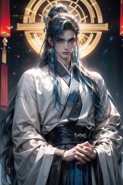 (extreamly delicate and beautiful:1.2), 8K, (tmasterpiece, best:1.2), (LONG_HAIR_MALE:1.5), (PERFECT_SYMMETRICAL_PALEBLUE_EYES:1.5) Upper body, a long_haired male, cool and seductive, evil_gaze, (wears white hanfu:1.2),   and intricate detailing, finely eye and detailed face, Perfect eyes, Equal eyes, Fantastic lights and shadows, Uses backlight and rim light,Germany Male,man,Chinese Clothes,midjourney,ancient chinese style,wears white hanfu,blue moon