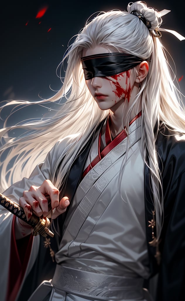 (WHITE_HAIRED_MALE_with_bloody_wounds_on_his_face holding_ancient_sword:1.5) (blindfolded with silve_embroidere_ BLUE_silk_ribbon in front of his eyes:1.5), best quality, masterpiece, beautiful and aesthetic, 16K, (HDR:1.4), high contrast, (vibrant color:0.5), (muted colors, dim colors, soothing tones:1.3), Exquisite details and textures, cinematic shot, Cold tone, (Dark and intense:1.2), wide shot, ultra realistic illustration, siena natural ratio, (MARTIAL ART POSE:1.4)
(extreamly delicate and beautiful:1.2), 8K, (tmasterpiece, best:1.2), (LONG_WHITE_HAIR_MALE:1.5), (PERFECT SYMMETRICAL BLUE EYES:0), a long_haired masculine male, cool and determined, evil_gaze, (wears white hanfu:1.2), (BLOODY_FACE blindfolded:1.5) and intricate detailing, finely eye and detailed face, Perfect eyes, Equal eyes, Fantastic lights and shadows、finely detail,Depth of field,,cumulus,wind,insanely NIGHT SKY,very long hair,Slightly open mouth, long SILVER-WHITE hair,slender waist,,Depth of field, angle ,contour deepening,cinematic angle ,Enhance,wears white hanfu,ancient chinese style
