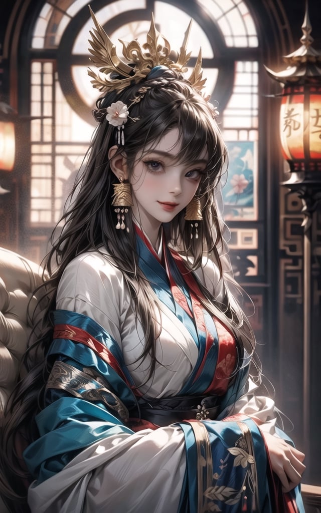 1 female (extreamly delicate and beautiful:1.2), 8K, (tmasterpiece, best:1.0), , (LONG_HAIR_FEMALE:1.5), Upper body, a long_haired male, cool and seductive, evil_gaze, (wears white hanfu:1.2), and intricate detailing, and intricate detailing, finely eye and detailed face, Perfect eyes, Equal eyes, Fantastic lights and shadows、white room background、 Uses backlight and rim light,wind blowing hair,ancient chinese style,wears light blue hanfu,smile,Face to the right