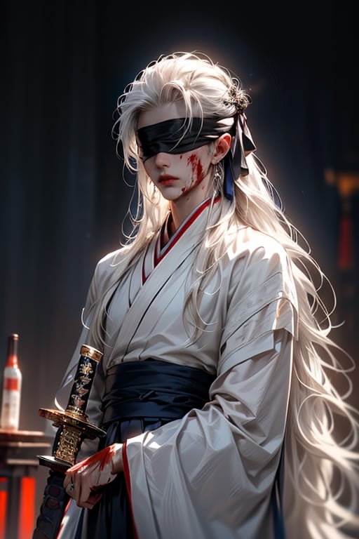 Wear White eye mask Male (WHITE_HAIRED_MALE_with_bloody_wounds_on_his_face holding_ancient_sword:1.5) (blindfolded with silve_embroidere_ BLUE_silk_ribbon in front of his eyes:1.5), best quality, masterpiece, beautiful and aesthetic, 16K, (HDR:1.4), high contrast, (vibrant color:0.5), (muted colors, dim colors, soothing tones:1.3), Exquisite details and textures, cinematic shot, Cold tone, (Dark and intense:1.2), wide shot, ultra realistic illustration, 
(extreamly delicate and beautiful:1.2), 8K, (tmasterpiece, best:1.2), (LONG_WHITE_HAIR_MALE:1.5), a long_haired masculine male, cool and determined, (wears white hanfu:1.2), (BLOODY_FACE blindfolded:1.5) and intricate detailing, finely eye and detailed face,Fantastic lights and shadows、finely detail,Depth of field,,cumulus,wind,insanely NIGHT SKY,very long hair,Slightly open mouth, long SILVER-WHITE hair,slender waist,,Depth of field, angle ,contour deepening,cinematic angle ,Enhance,wears white hanfu,ancient chinese style,White eye mask,All white tones