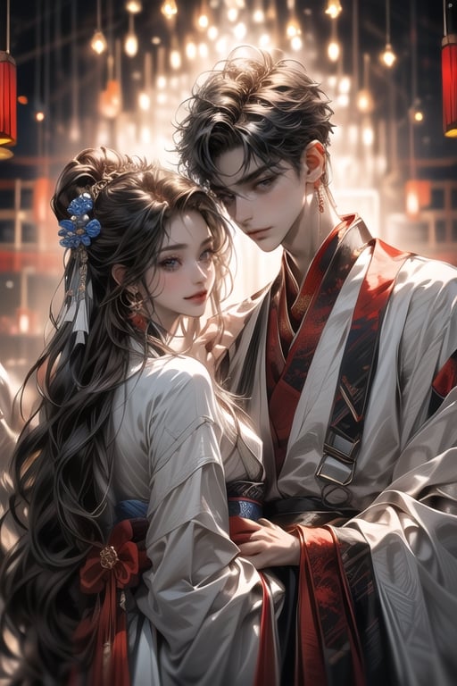 (MALE-FEMALE_COUPLE:1.5)(extreamly delicate and beautiful:1.2), 8K, (tmasterpiece, best:1.2),(LONG_HAIR_COUPLE:1.5), Upper body, a long_haired male with gorgeous girl, cool and seductive,  (wears white hanfu:1.2),  and intricate detailing, finely eye and detailed face, Perfect eyes, Equal eyes, Fantastic lights and shadows、( Uses BOY+backlight and rim light, man,holding a GIRL) Handsome Thai Men, gorgeous_face,face to face,midjourney,ancient chinese style,look at each other,wears blue hanfu,long_hair_male,don't draw fingers