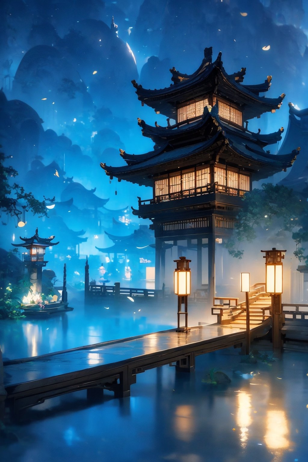 outdoors, sky, cloud, water, tree, no humans, building, scenery, reflection, lantern, stairs, architecture, east asian architecture,Chinese Architecture,blue moon, blue lotus pond,Surreal composition,Buildings scattered high and low,looking down from the sky, looking down, overlooking perspective