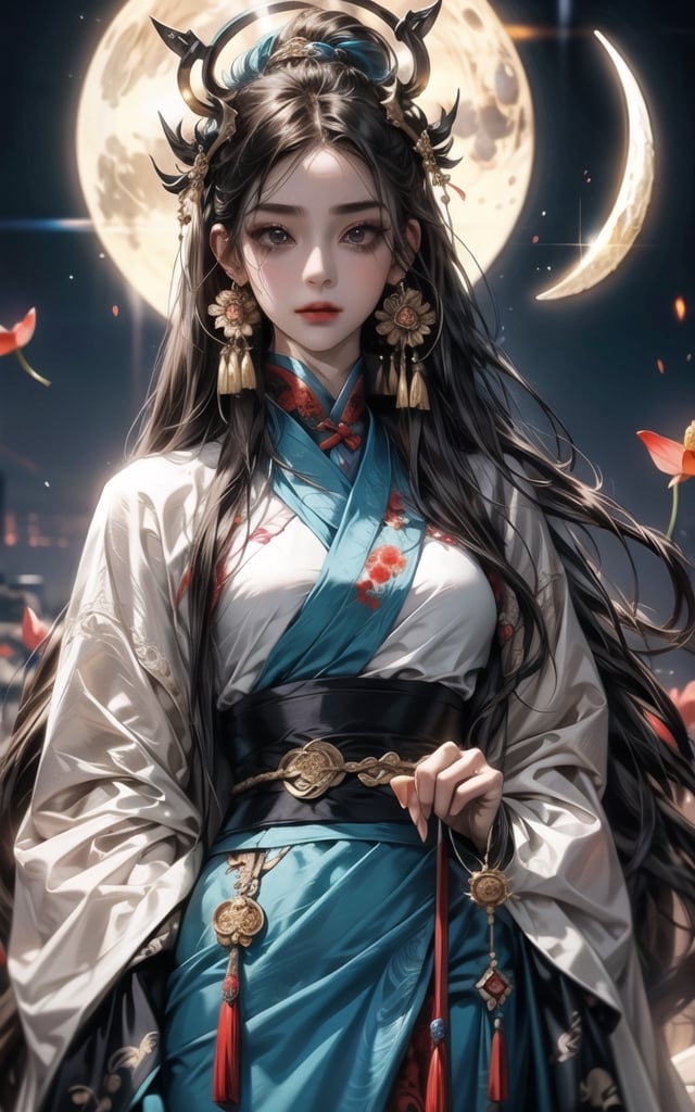  1 female walking on the lotus pond(extreamly delicate and beautiful:1.2), 8K, (tmasterpiece, best:1.0), , (LONG_HAIR_FEMALE:1.5), Upper body, a long_haired female , cool and seductive, evil_gaze, (wears white hanfu:1.2), and intricate detailing, and intricate detailing, finely eye and detailed face, Perfect eyes, Equal eyes, Fantastic lights and shadows、white room background、 Uses backlight and rim light,wind blowing hair,ancient chinese style,wears light blue hanfu,smile,perfect background ,,lotus in the background, moon