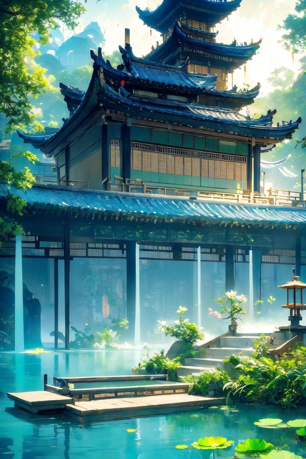 outdoors, sky, cloud, water, tree, no humans, building, scenery, reflection, lantern, stairs, architecture, east asian architecture,Chinese Architecture,blue moon, blue lotus pond,Surreal composition,Buildings scattered high and low,looking down from the sky, looking down, overlooking perspective,Picture from top to bottom,Many green plants