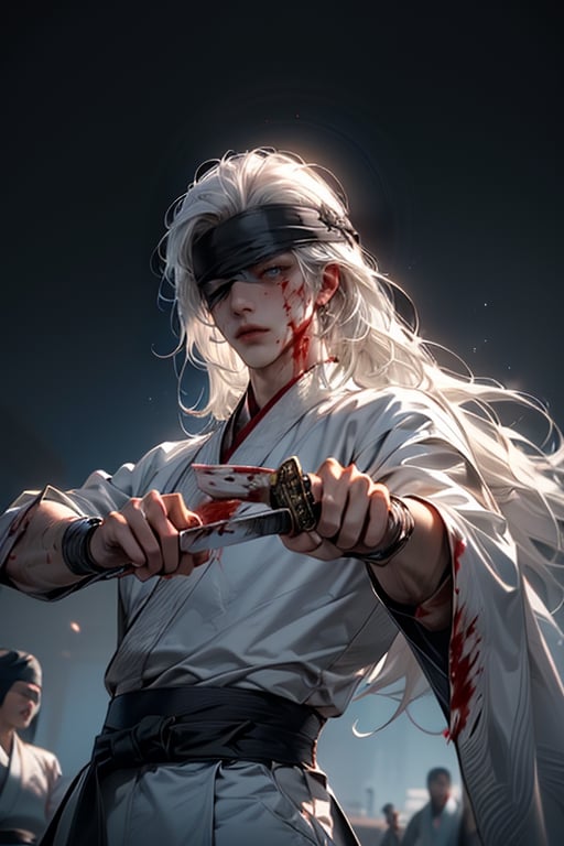 (WHITE_HAIRED_MALE_with_bloody_wounds_on_his_face holding_ancient_sword:1.5) (blindfolded with silve_embroidere_ BLUE_silk_ribbon in front of his eyes:1.5), best quality, masterpiece, beautiful and aesthetic, 16K, (HDR:1.4), high contrast, (vibrant color:0.5), (muted colors, dim colors, soothing tones:1.3), Exquisite details and textures, cinematic shot, Cold tone, (Dark and intense:1.2), wide shot, ultra realistic illustration, siena natural ratio, (MARTIAL ART POSE:1.4)
(extreamly delicate and beautiful:1.2), 8K, (tmasterpiece, best:1.2), (LONG_WHITE_HAIR_MALE:1.5), (PERFECT SYMMETRICAL BLUE EYES:0), a long_haired masculine male, cool and determined, evil_gaze, (wears white hanfu:1.2), (BLOODY_FACE blindfolded:1.5) and intricate detailing, finely eye and detailed face, Perfect eyes, Equal eyes, Fantastic lights and shadows、finely detail,Depth of field,,cumulus,wind,insanely NIGHT SKY,very long hair,Slightly open mouth, long SILVER-WHITE hair,slender waist,,Depth of field, angle ,contour deepening,cinematic angle ,Enhance,wears white hanfu,ancient chinese style,White eye mask,All white tones