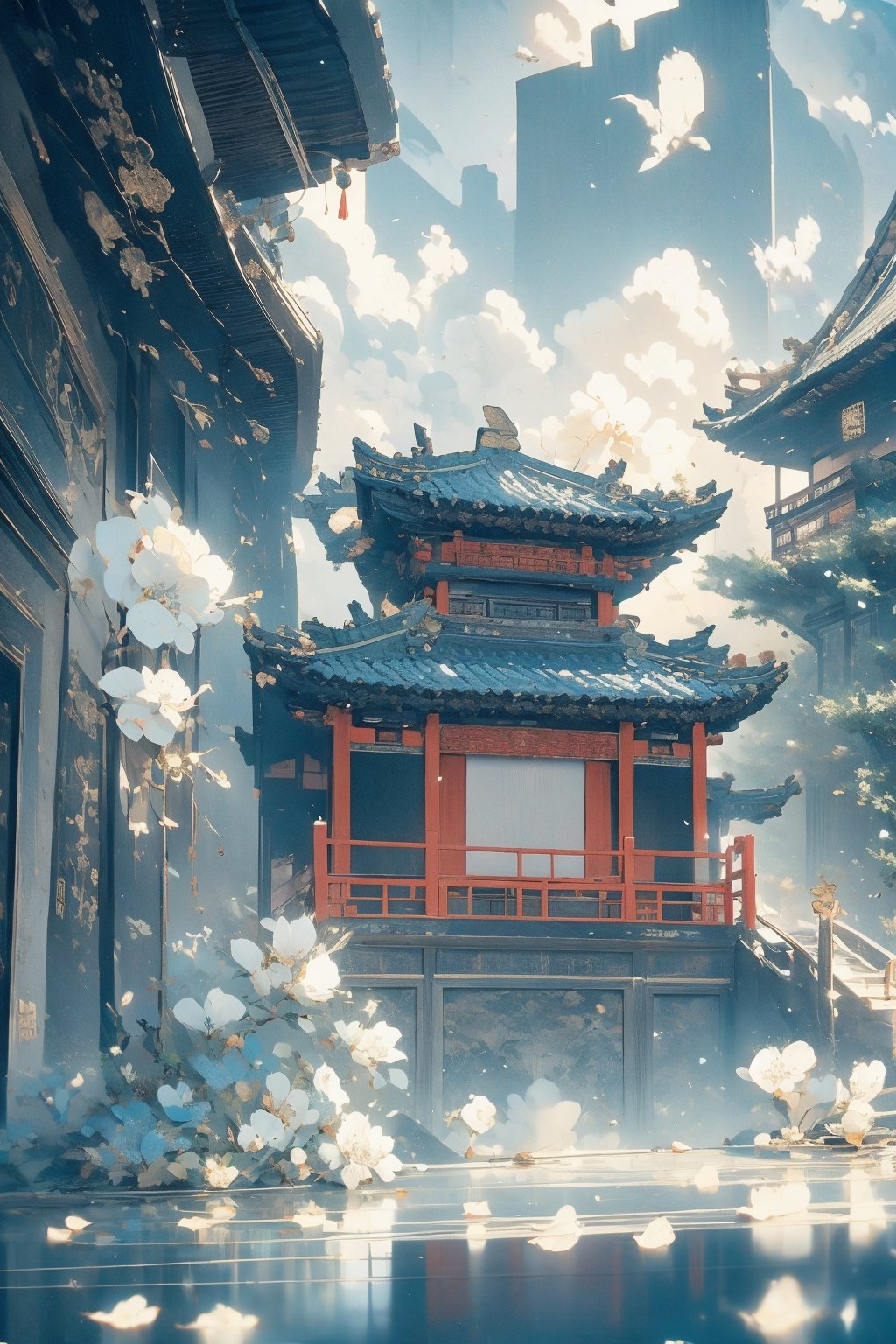 outdoors, sky, cloud, water, tree, no humans, building, scenery, reflection, lantern, stairs, architecture, east asian architecture,Chinese Architecture,blue moon, blue lotus pond,Surreal composition,White flowers and falling petals,Looking down slightly
