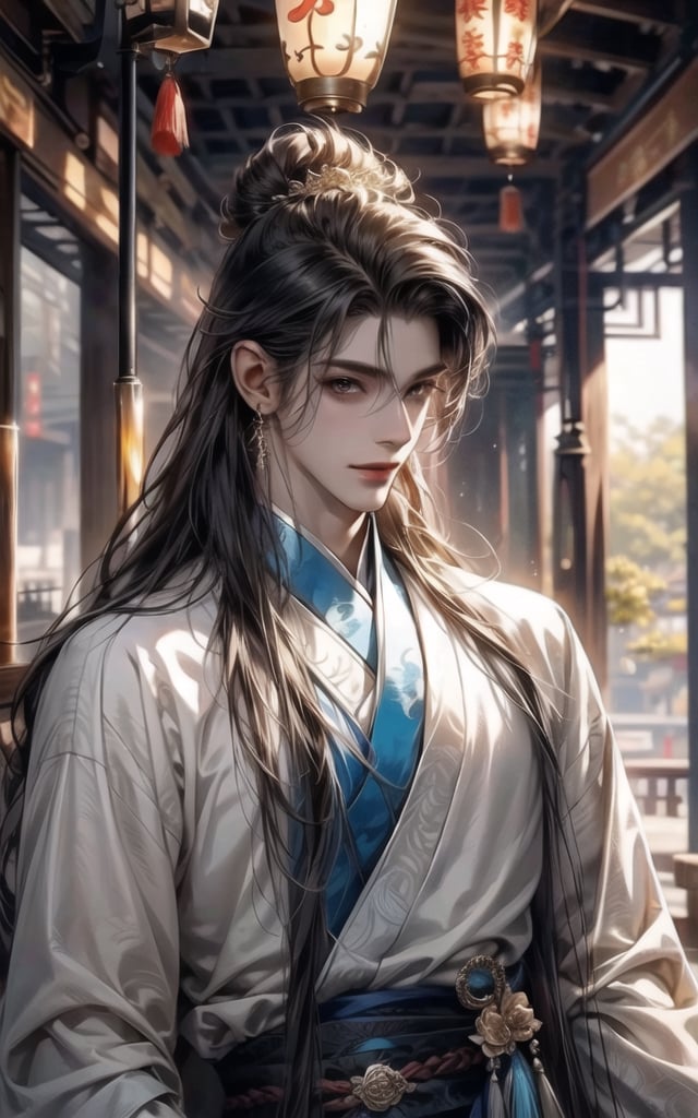 (extreamly delicate and beautiful:1.2), 8K, (tmasterpiece, best:1.0), , (LONG_HAIR_MALE:1.5), Upper body, a long_haired male, cool and seductive, evil_gaze, (wears white hanfu:1.2), and intricate detailing, and intricate detailing, finely eye and detailed face, Perfect eyes, Equal eyes, Fantastic lights and shadows、white room background、 Uses backlight and rim light,wind blowing hair,ancient chinese style,wears light blue hanfu,smile,Face to the right