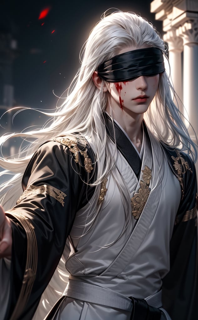 (WHITE_HAIRED_MALE_with_bloody_wounds_on_his_face holding_ancient_sword:1.5) (blindfolded with silve_embroidere_ BLUE_silk_ribbon in front of his eyes:1.5), best quality, masterpiece, beautiful and aesthetic, 16K, (HDR:1.4), high contrast, (vibrant color:0.5), (muted colors, dim colors, soothing tones:1.3), Exquisite details and textures, cinematic shot, Cold tone, (Dark and intense:1.2), wide shot, ultra realistic illustration, siena natural ratio, Art by Luis Royo and Gustave Moreau, (MARTIAL ART POSE:1.4)
(extreamly delicate and beautiful:1.2), 8K, (tmasterpiece, best:1.2), (LONG_WHITE_HAIR_MALE:1.5), (PERFECT SYMMETRICAL BLUE EYES:0), a long_haired masculine male, cool and determined, evil_gaze, (wears black and white hanfu:1.2), (BLOODY_FACE blindfolded:1.5) and intricate detailing, finely eye and detailed face, Perfect eyes, Equal eyes, Fantastic lights and shadows、finely detail,Depth of field,,cumulus,wind,insanely NIGHT SKY,very long hair,Slightly open mouth, long SILVER-WHITE hair,slender waist,,Depth of field, angle ,contour deepening,cinematic angle ,Enhance