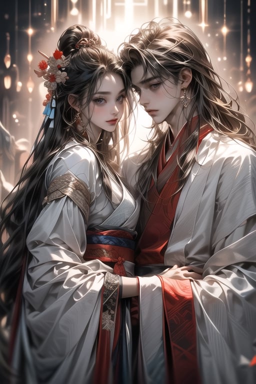 (MALE-FEMALE_COUPLE:1.5)(extreamly delicate and beautiful:1.2), 8K, (tmasterpiece, best:1.2),(LONG_HAIR_COUPLE:1.5), Upper body, a long_haired male with gorgeous girl, cool and seductive,  (wears white hanfu:1.2),  and intricate detailing, finely eye and detailed face, Perfect eyes, Equal eyes, Fantastic lights and shadows、( Uses BOY+backlight and rim light, man,holding a GIRL) Handsome Thai Men, gorgeous_face,face to face,midjourney,ancient chinese style,look at each other,wears light blue hanfu,long_hair_male