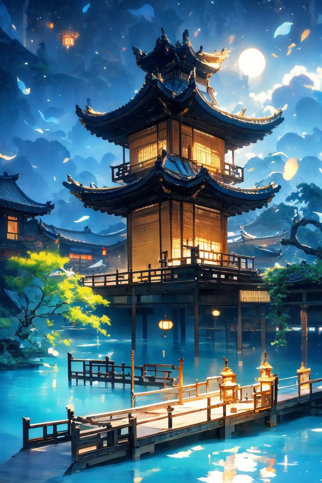 outdoors, sky, cloud, water, tree, no humans, building, scenery, reflection, lantern, stairs, architecture, east asian architecture,Chinese Architecture,blue moon, blue lotus pond,Surreal composition,Buildings scattered high and low
