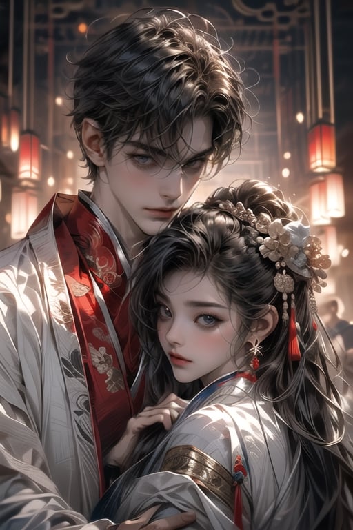 (MALE-FEMALE_COUPLE:1.5)(extreamly delicate and beautiful:1.2), 8K, (tmasterpiece, best:1.2),(LONG_HAIR_COUPLE:1.5), Upper body, a long_haired male with gorgeous girl, cool and seductive,  (wears white hanfu:1.2),  and intricate detailing, finely eye and detailed face, Perfect eyes, Equal eyes, Fantastic lights and shadows、( Uses BOY+backlight and rim light, man,holding a GIRL) Handsome Thai Men, gorgeous_face,face to face,midjourney,ancient chinese style,look at each other,wears black hanfu,perfect fingers 