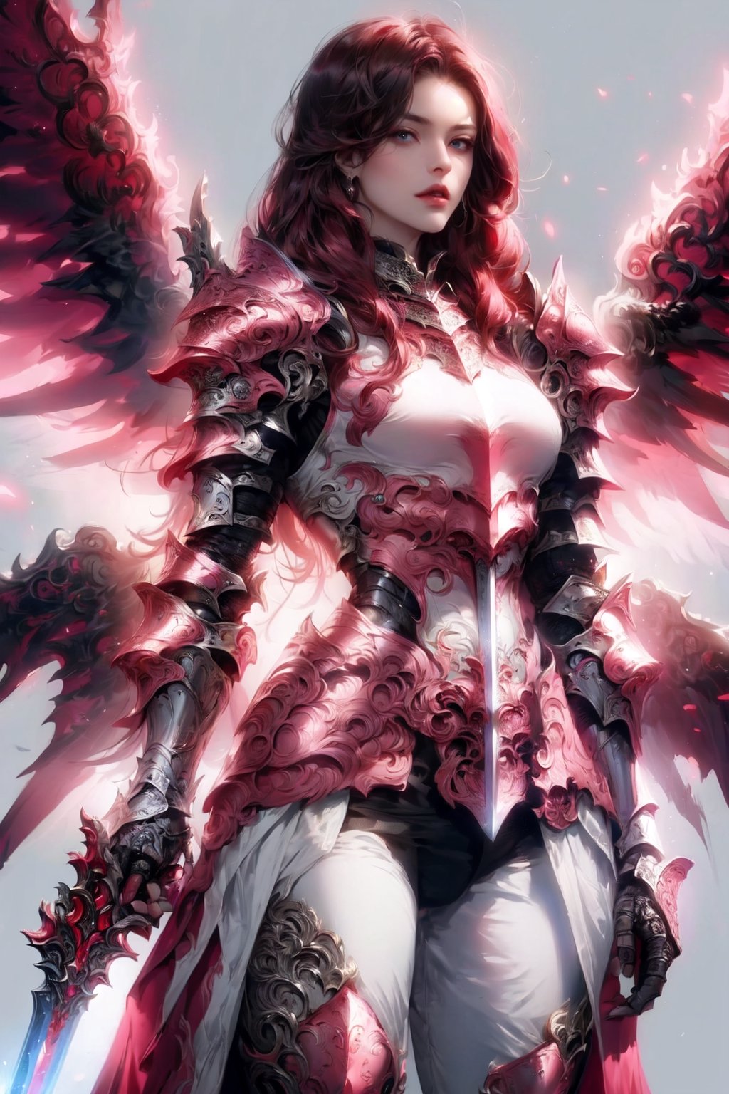 (masterpiece, best quality:1.2), Character design, ((1 boy, solo)), ((Zhao yun)),warrior of xian, slim body, medium chest, skinny waist, ((long deep red hair)). blue eyes. (((pink fantasy armor a female knight in a pink full armor))), (((big pauldrons, intricate details))), (((large armor wings))), (((advanced weapon fantasy plasma sword in right hand))), (standing), plain gray background, masterpiece, HD high quality, 8K ultra high definition, ultra definition,1 girl,Masterpiece