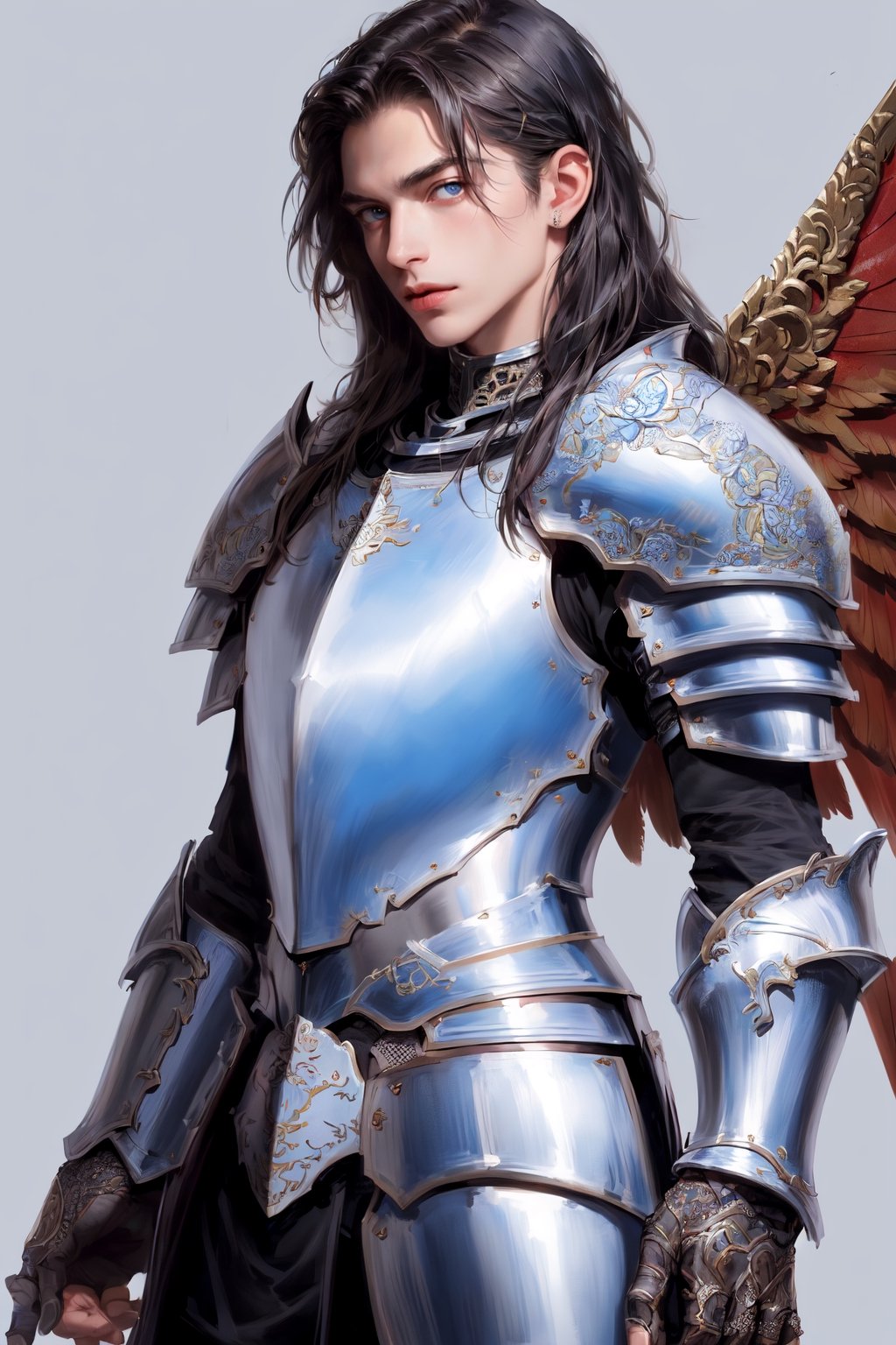 (masterpiece, best quality:1.2), Character design, ((1 gril, solo)), ,warrior of xian, slim body, medium chest, ((long deep hair)). blue eyes. (((color fantasy armor a male knight in a color full armor))), (((big pauldrons, intricate details))), (((large armor wings))), (((Advanced Weapons Fantasy Right Handed Spear))), (standing), plain gray background, masterpiece, HD high quality, 8K ultra high definition, ultra definition,Masterpiece,breasts