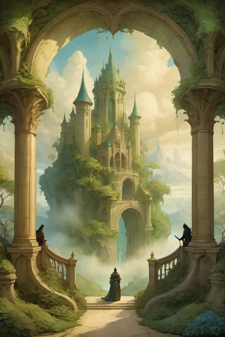 A serene fantasy realm: A dramatic illustration on parchment depicts two silhouetted figures standing at attention on a lush and verdant floating island, surrounded by wispy clouds and shimmering mist. The soft, ethereal light casts no shadows, bathing the scene in an air of tranquility. The brave duo stands ready to face the giant ogre guarding the gates, their confident poses offset by the behemoth's fierce gaze. The composition is balanced, with gentle curves and subtle lines guiding the viewer's eye. Architectural details adorn the parchment background, adding depth and texture to this epic fantasy scene.
