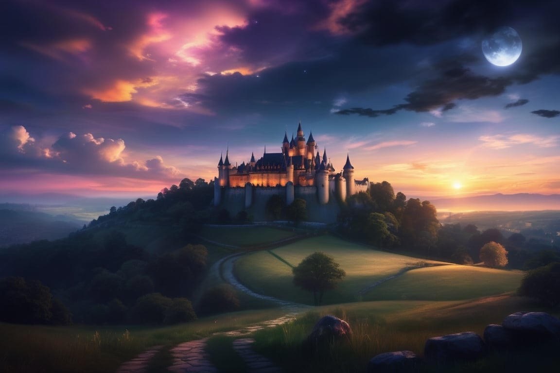 ultra Transparent 8k hd A realistic beautiful evening night,year 2030 
A LOVER BOY AND GIRL HUGGING TOGETHER, beautiful landscape, sunset, plain, girl and boy watching at sunset, beautiful clouds, beautiful sky, detailed image, beautiful trees, stunning image, perfect use of light, ballad lighting, wind, castle in the distance, medieval aesthetics,masterpiece
8k photograph, photoreal details, heaven fantasy, with a sky brown_light_black color. 