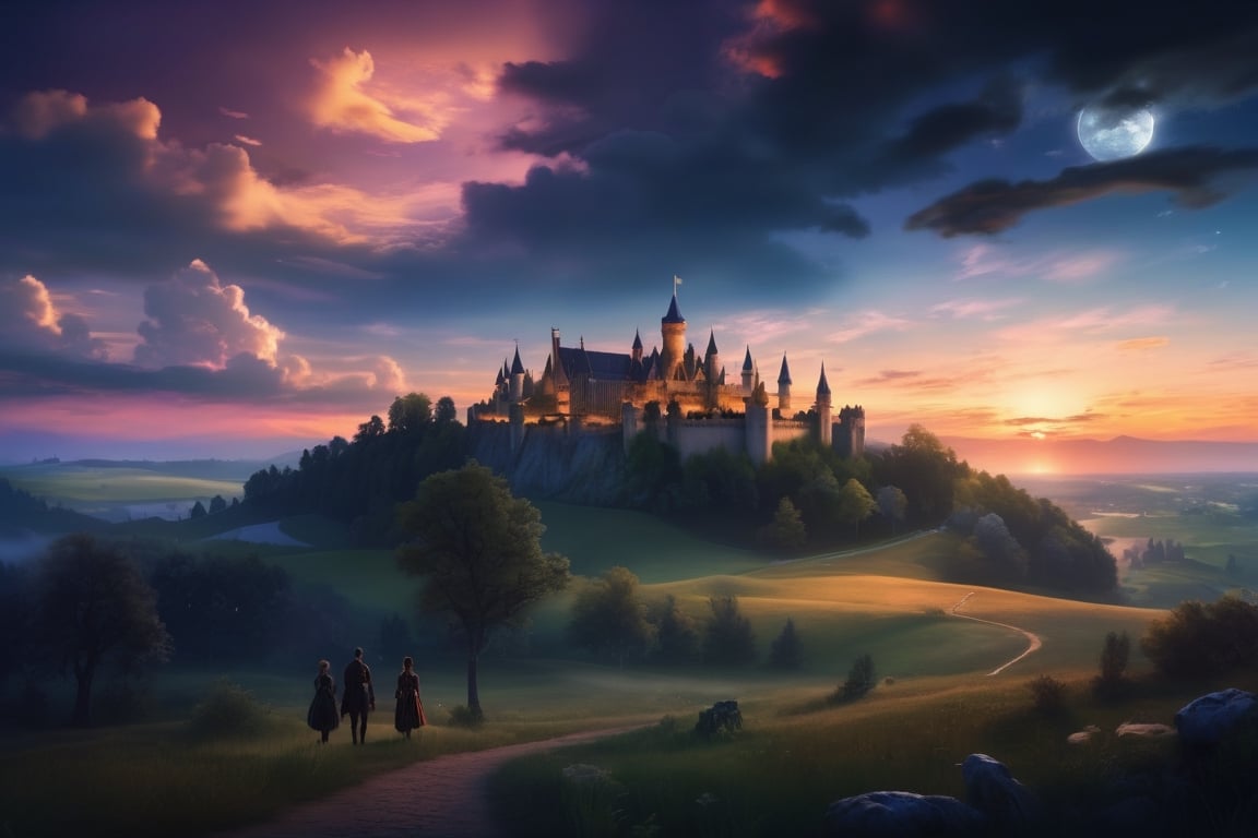 ultra Transparent 8k hd A realistic beautiful evening night,year 2030 
A COUPLE, beautiful landscape, sunset, plain, girl and boy watching at sunset, beautiful clouds, beautiful sky, detailed image, beautiful trees, stunning image, perfect use of light, ballad lighting, wind, castle in the distance, medieval aesthetics,masterpiece
8k photograph, photoreal details, heaven fantasy, with a sky brown_light_black color. 