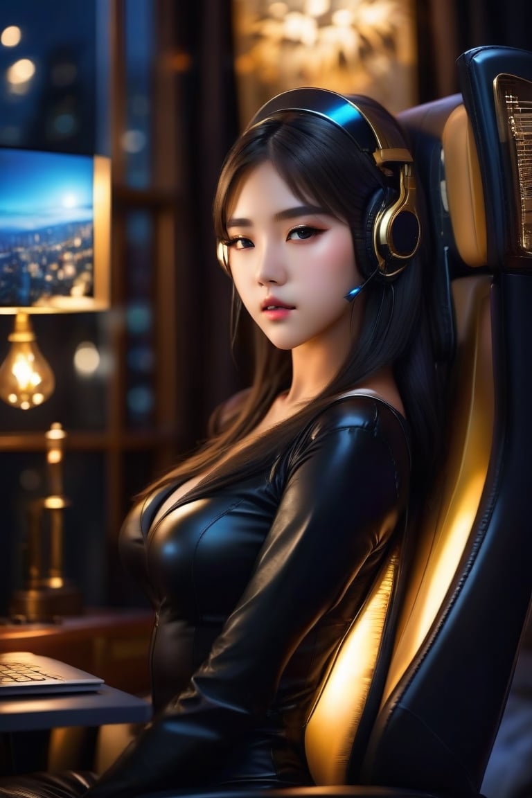 ultra Transparent 8k hd A realistic beautiful evening night,year 2030 a 20 yo very cute girl from agartha a gooddess face korean beauty sleeping on huge elegant gaming chair, wearing golden headset,closed eyes,realistic face, detailed face,long perfect hair, hair bangs, big breast,huge gaming chair, long shot, the elegant room,korean dress, library, books, midnight, dark night, dark background, low lights, lamps,
8k photograph, photoreal details, heaven fantasy, with a sky brown_light_black color. 