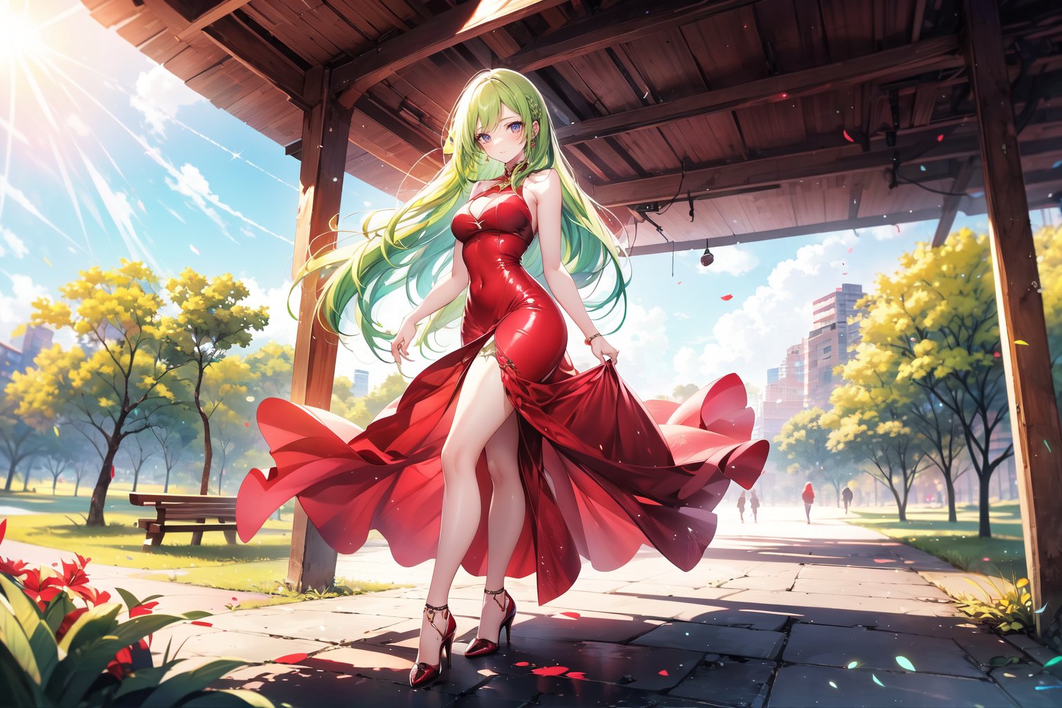 A 17-year-old girl in the park with long green hair, red glasses, long dress, stockings, high heels, smiling,