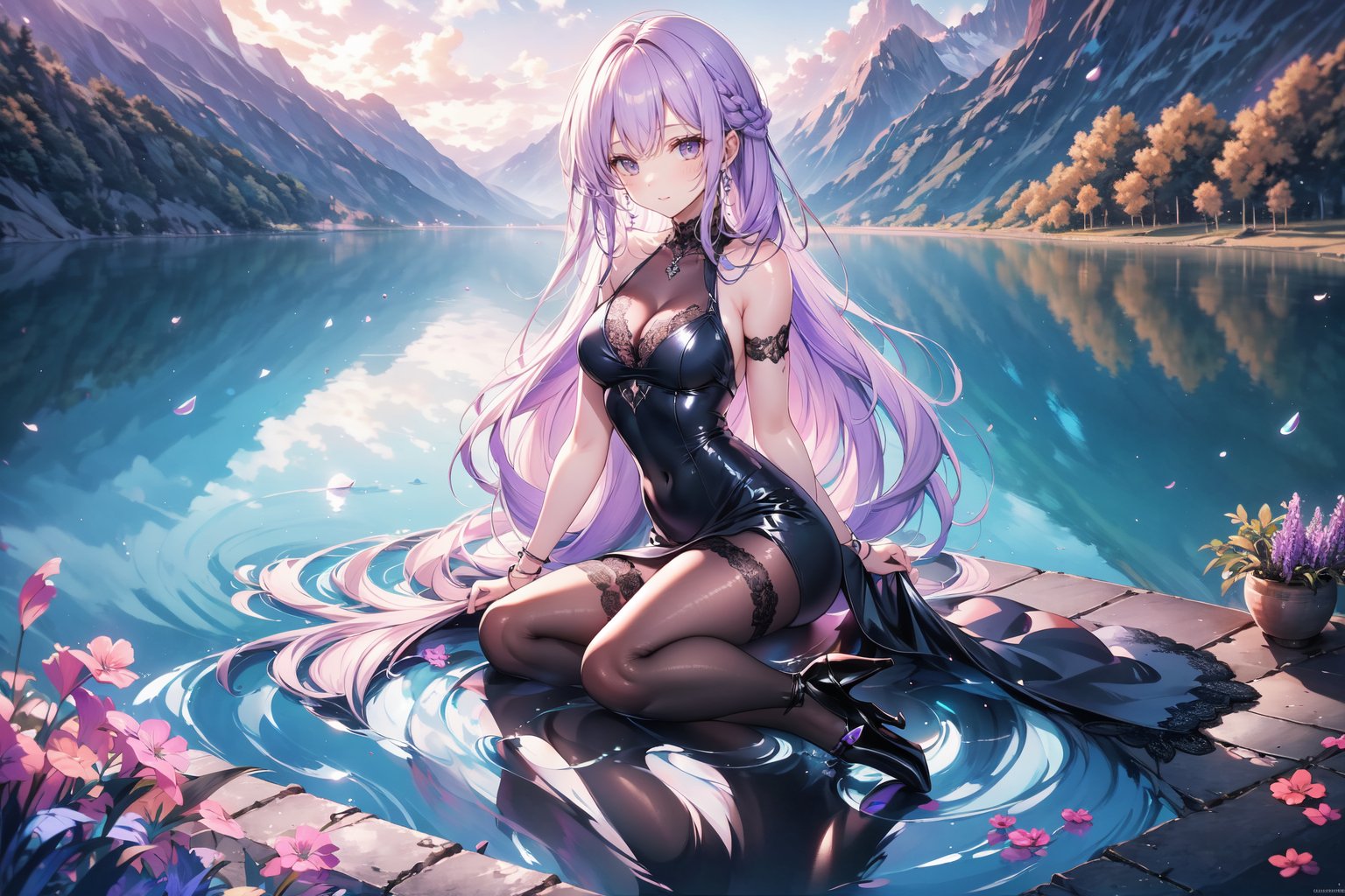 A 20-year-old girl, with long lavender hair, wavy hair, black Gothic dress, lace stockings, high heels, water ripples, by the lake