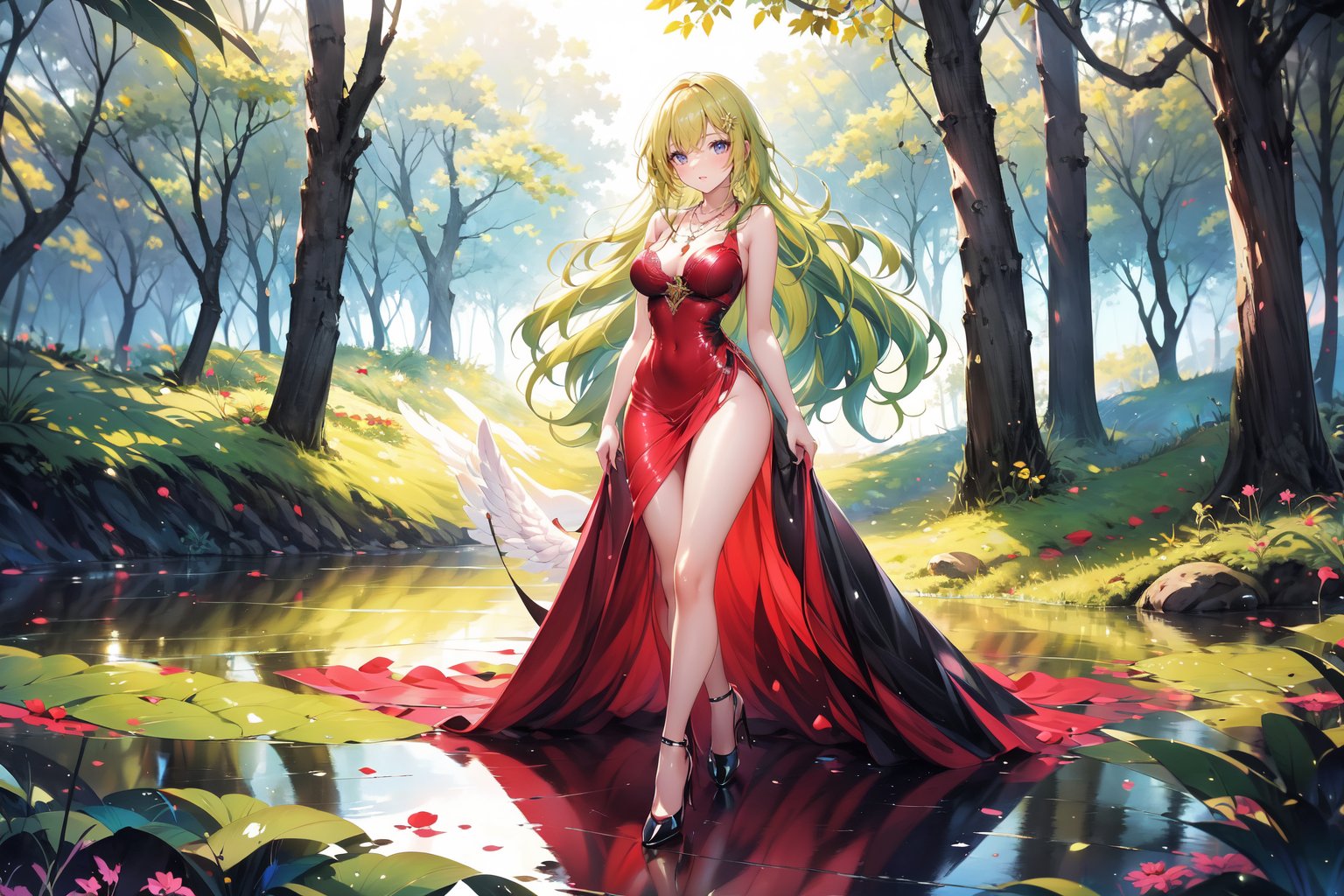 A 25-year-old girl, with long green and wavy hair, a breastless evening dress, red stockings, high heels, a necklace, and angel wings, on the shore of a forest lake.